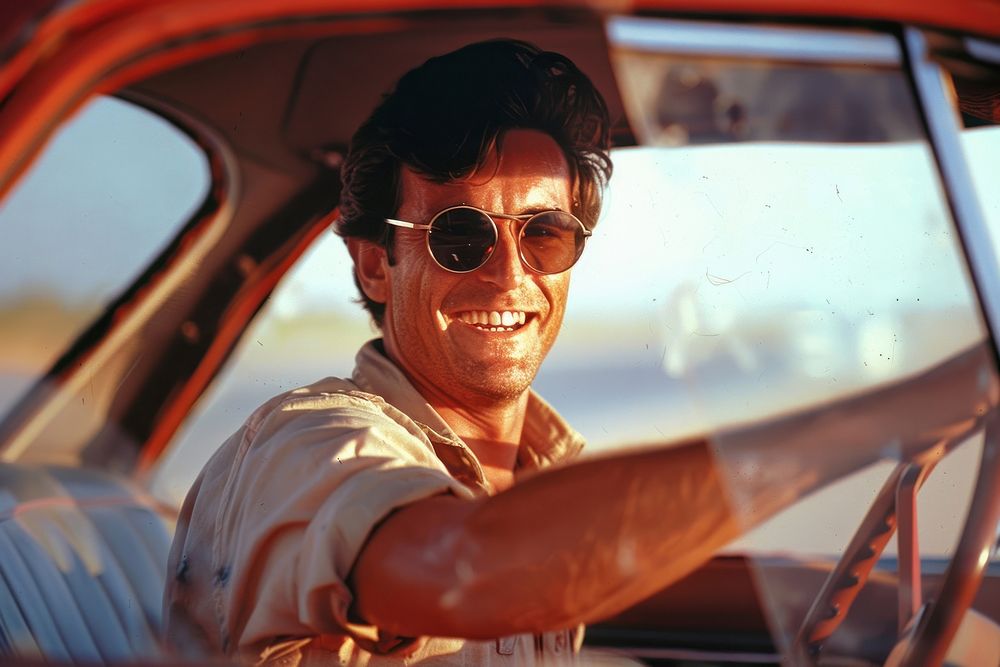 Happy man driving sunglasses portrait.