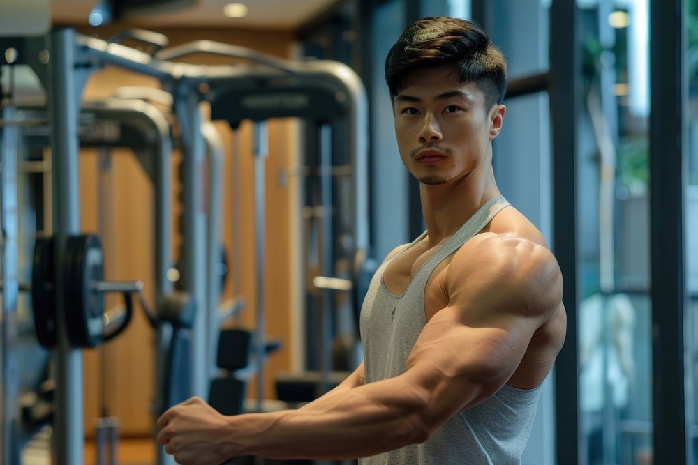 Healthy asian man sports gym weightlifting.