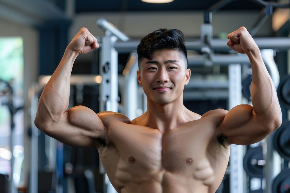 Healthy asian man gym weightlifting determination.