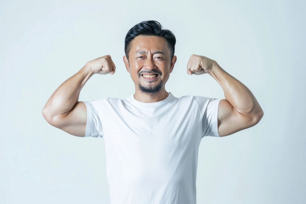 Healthy asian man adult white background bodybuilding.