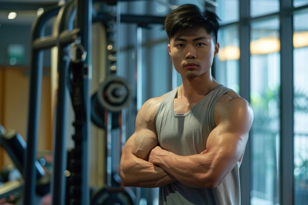 Healthy asian man sports gym weightlifting.