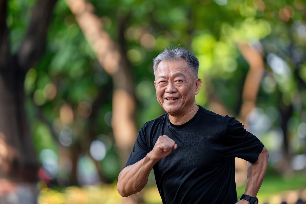 Healthy elder asian man adult retirement exercising.
