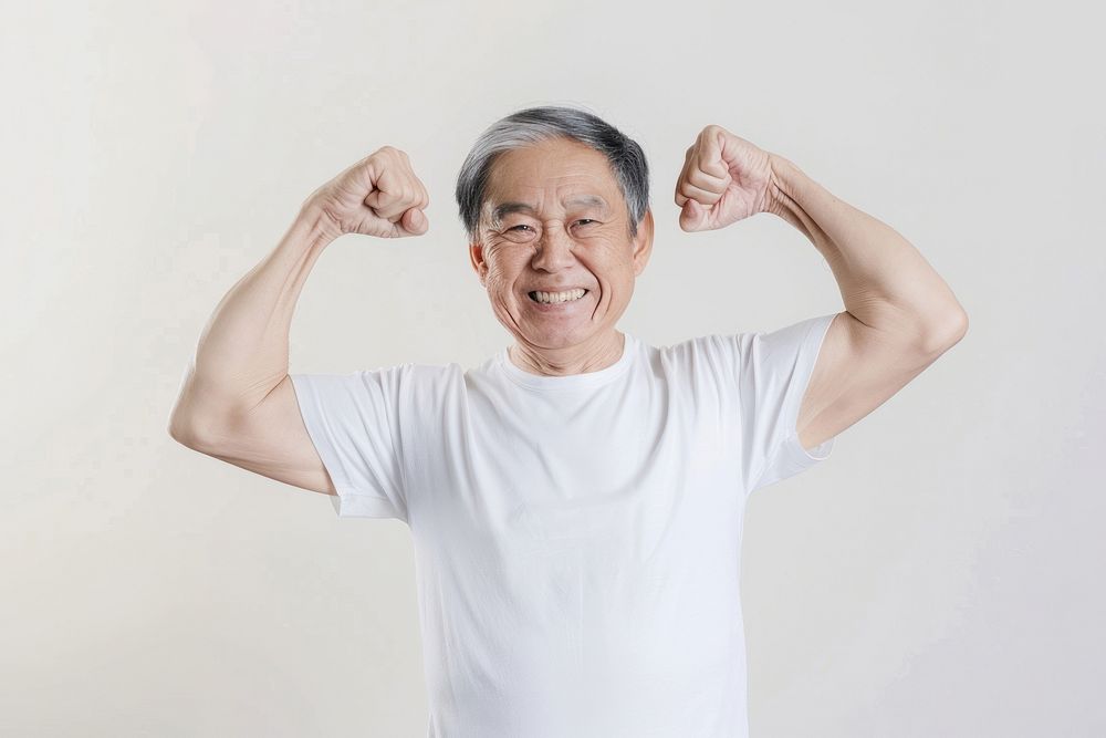 Healthy elder asian man adult white background retirement.
