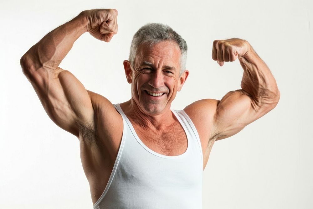 Healthy elder man adult white background bodybuilding.