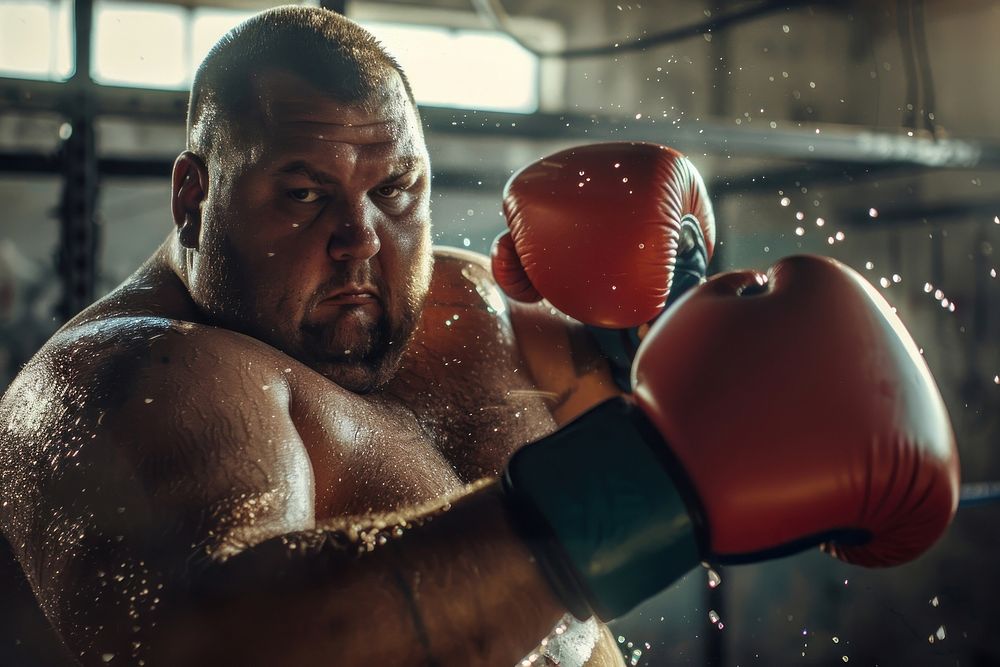 Plus size man boxing adult gym determination.