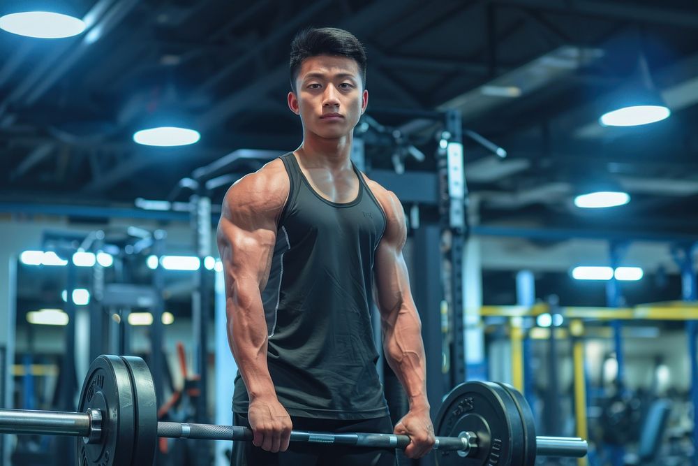 Strong asian man gym barbell sports.