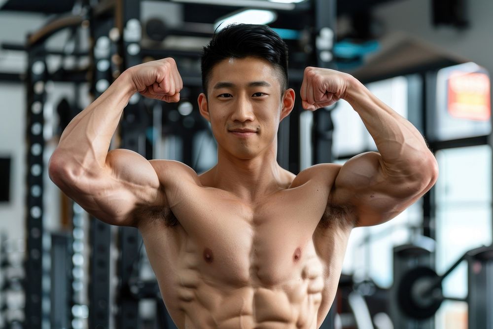Strong asian man adult gym determination.