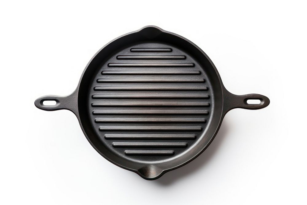 Empty cast iron grill pan with handle white background cookware pattern.