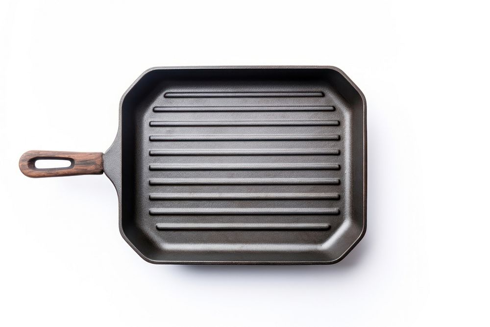 Empty cast iron grill pan with handle white background letterbox cookware.