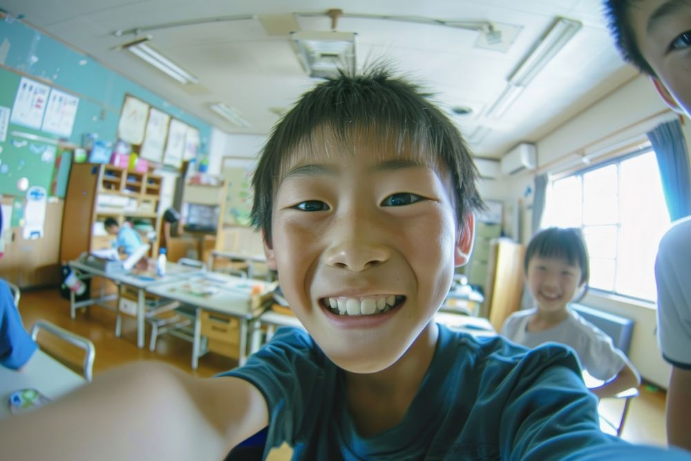 Elementary school classroom selfie photo.
