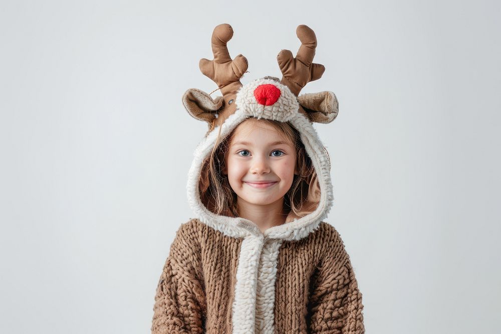 Happy girl in reindeer costume portrait sweater photo.