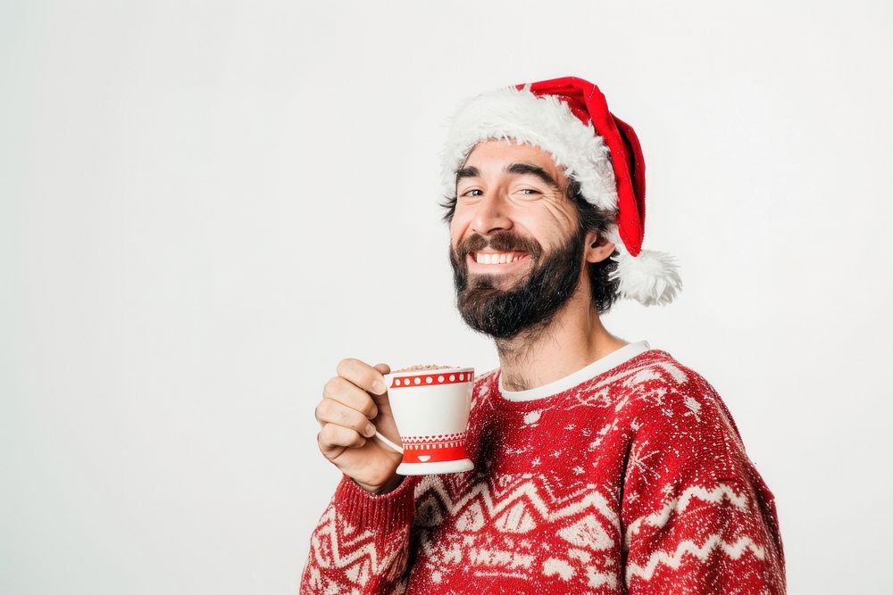 Happy man in xmas costume drinking hot chocolate coffee adult cup.