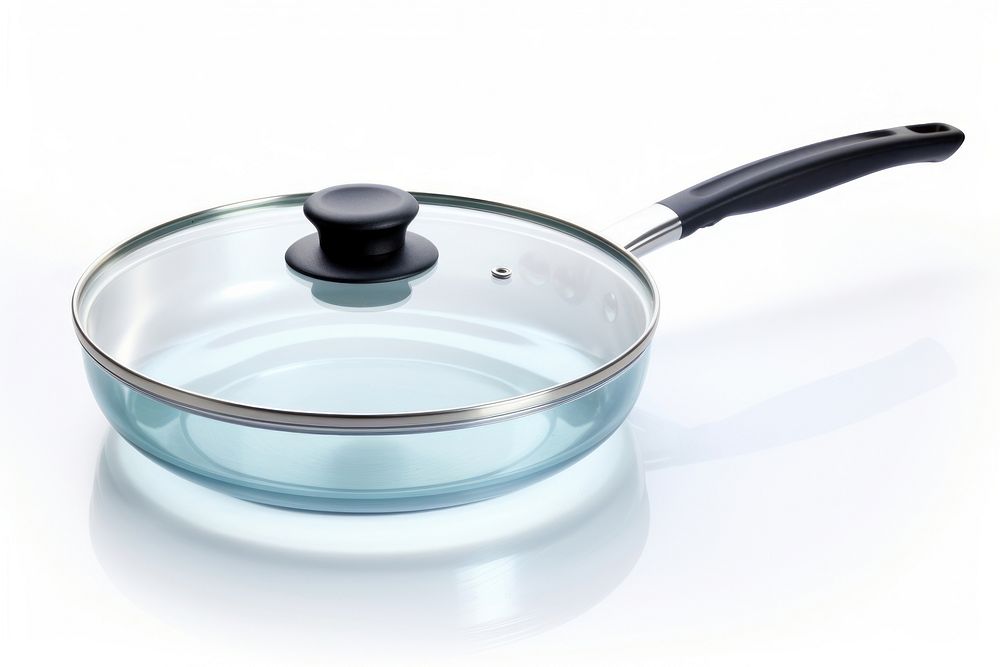 New frying pan and glass lid white background cookware saucepan.