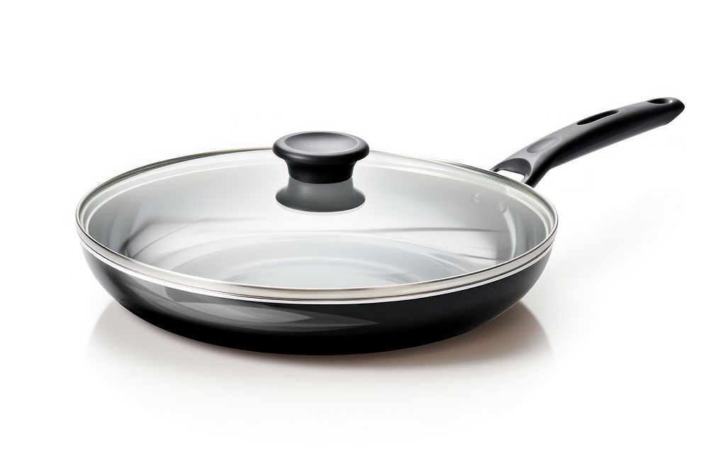 New frying pan and glass lid wok white background crockery.