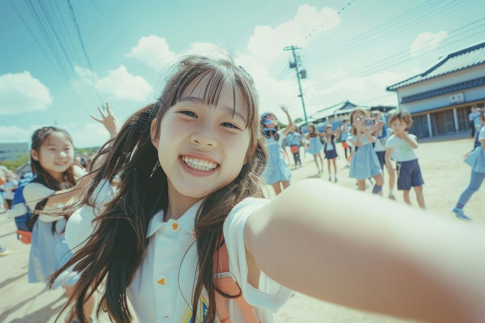 Elementary school selfie happy photobombing.