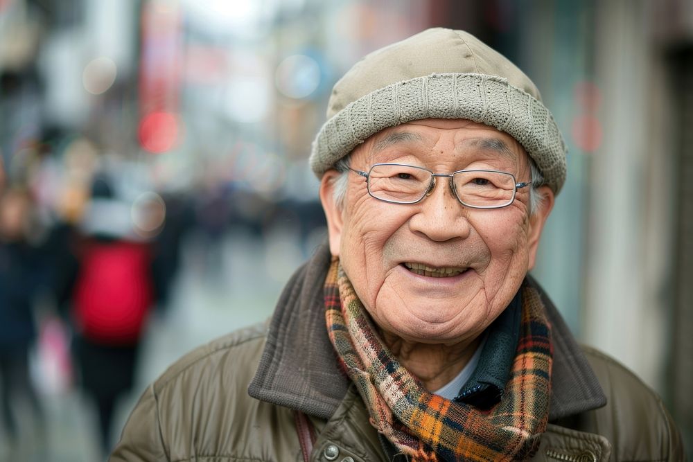 Happy healthy elder man portrait glasses street.