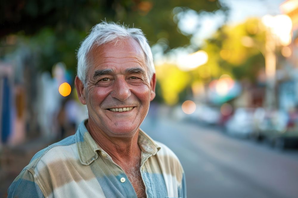 Happy healthy elder man portrait street adult.