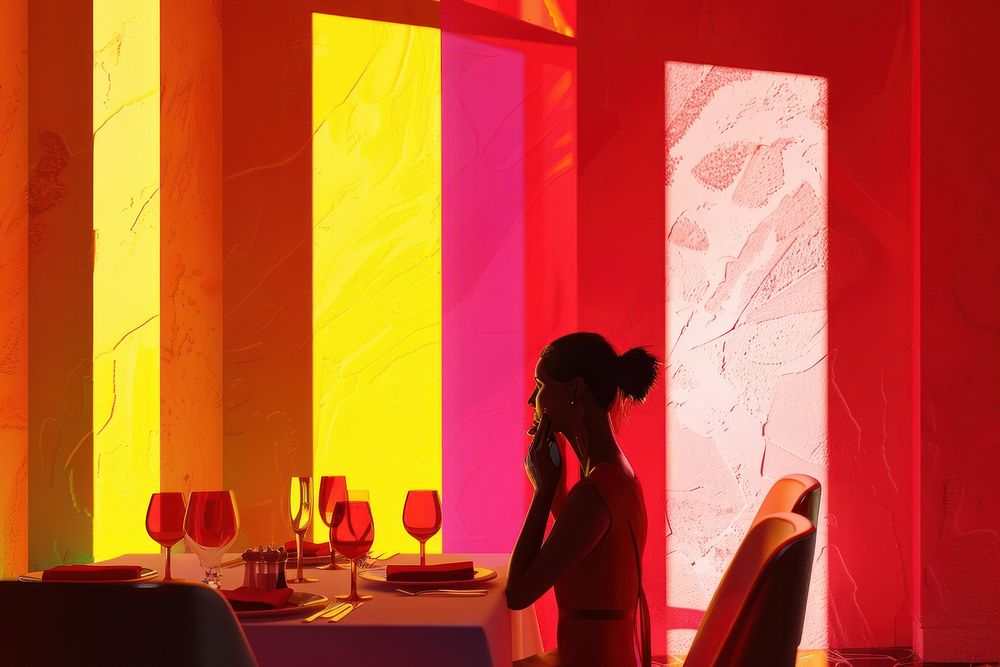 Woman dining in a restaurant poster advertisement adult vibrant color.