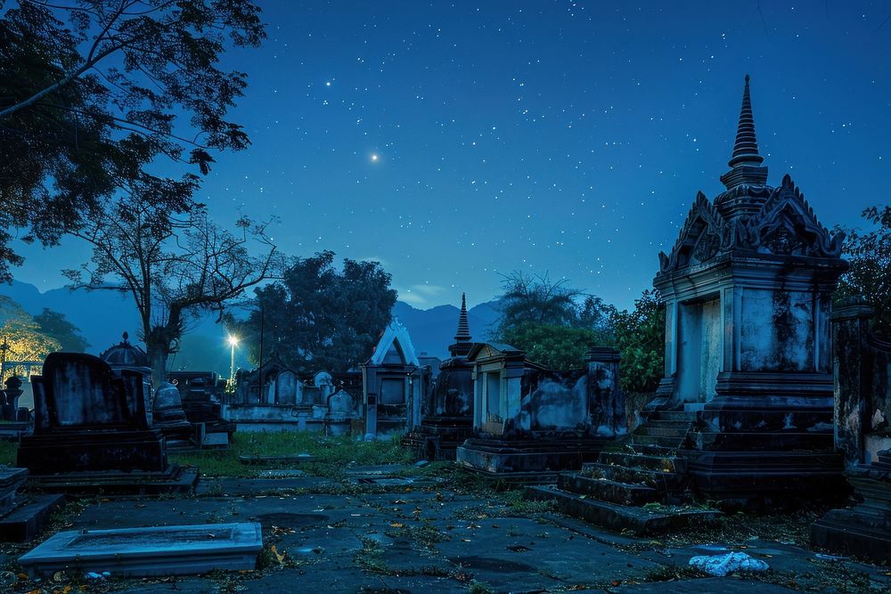 Thai cemetery at night gravestone graveyard tombstone.