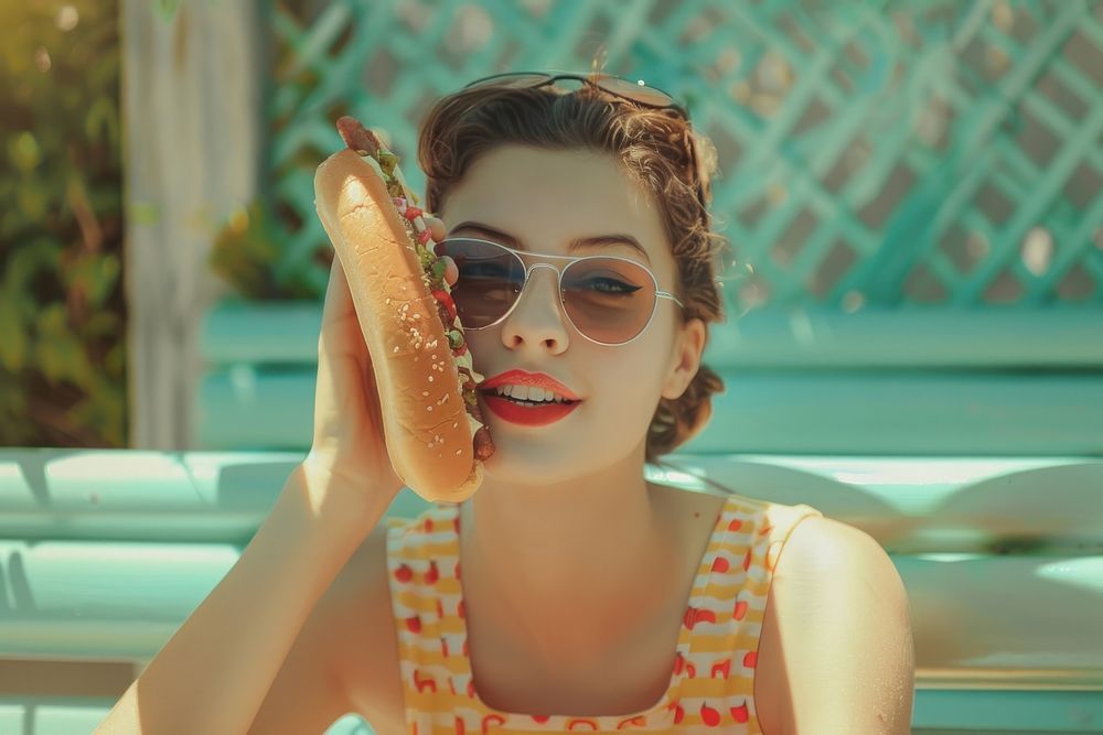 Woman enjoying a hotdog relaxation sunglasses hairstyle.