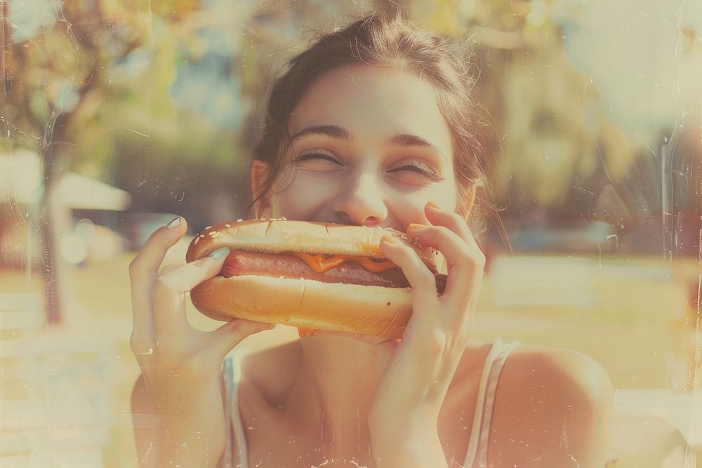 Woman enjoying a hotdog biting food refreshment.