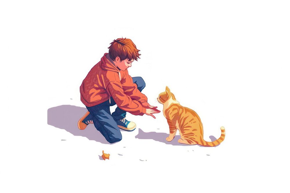Kid playing with a cat drawing animal mammal.