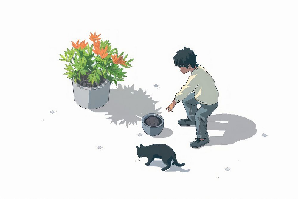 Kid playing with a cat gardening outdoors plant.