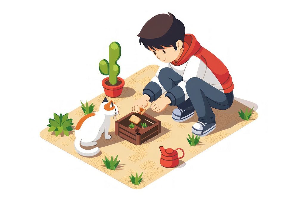 Kid playing with a cat gardening houseplant creativity.