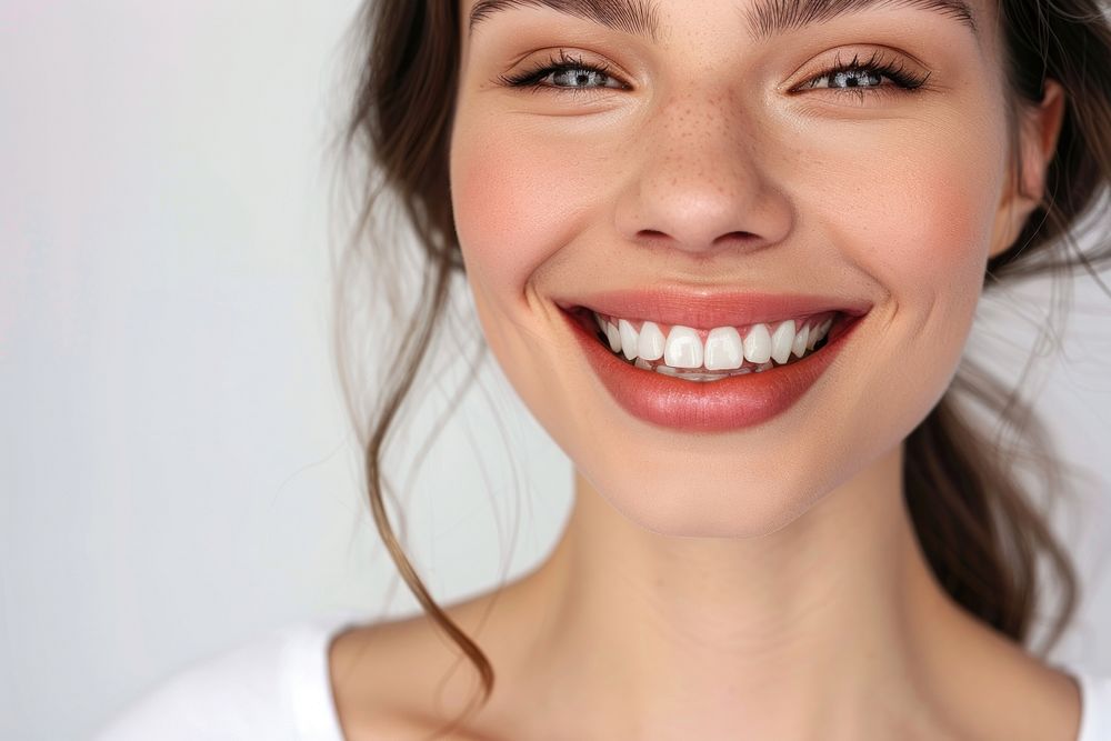 Contemporary dental clinic white background stylish woman perfect teeth.