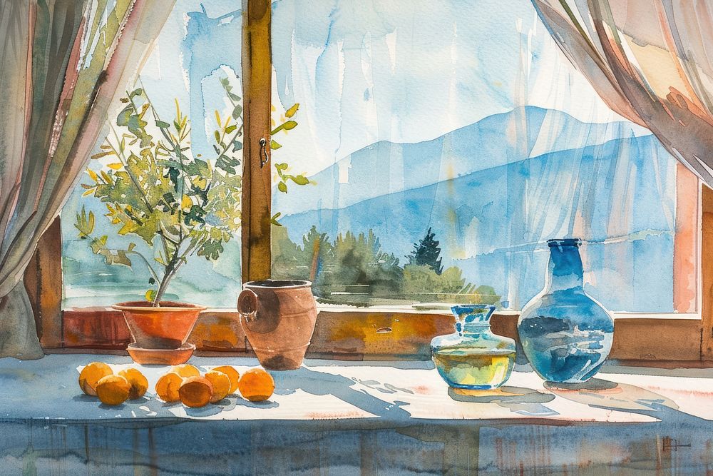 Mountain view painting window plant.