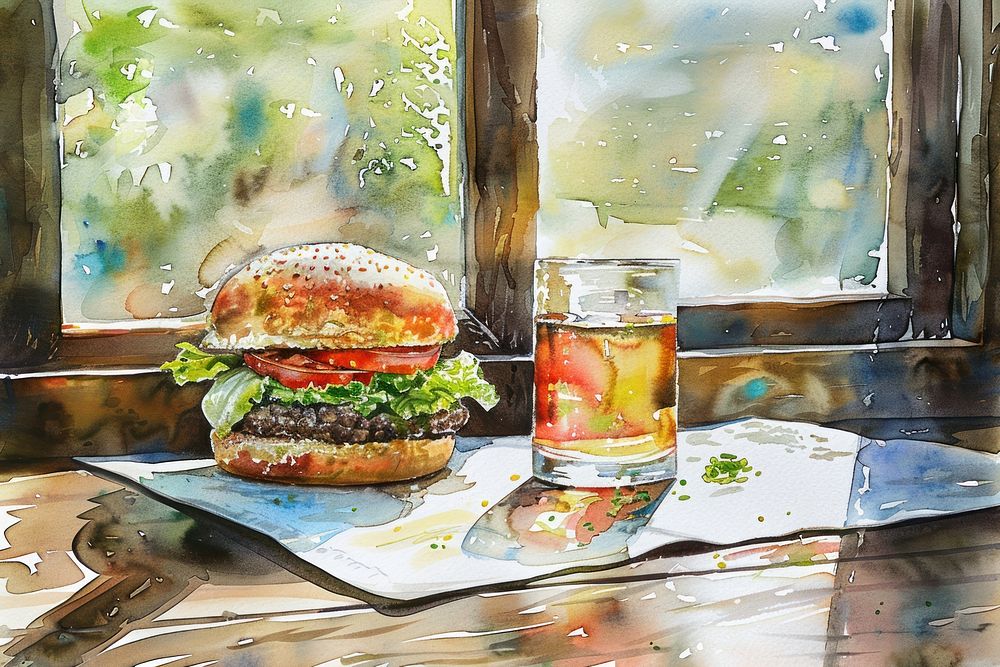 Hamburger on a table painting window glass.