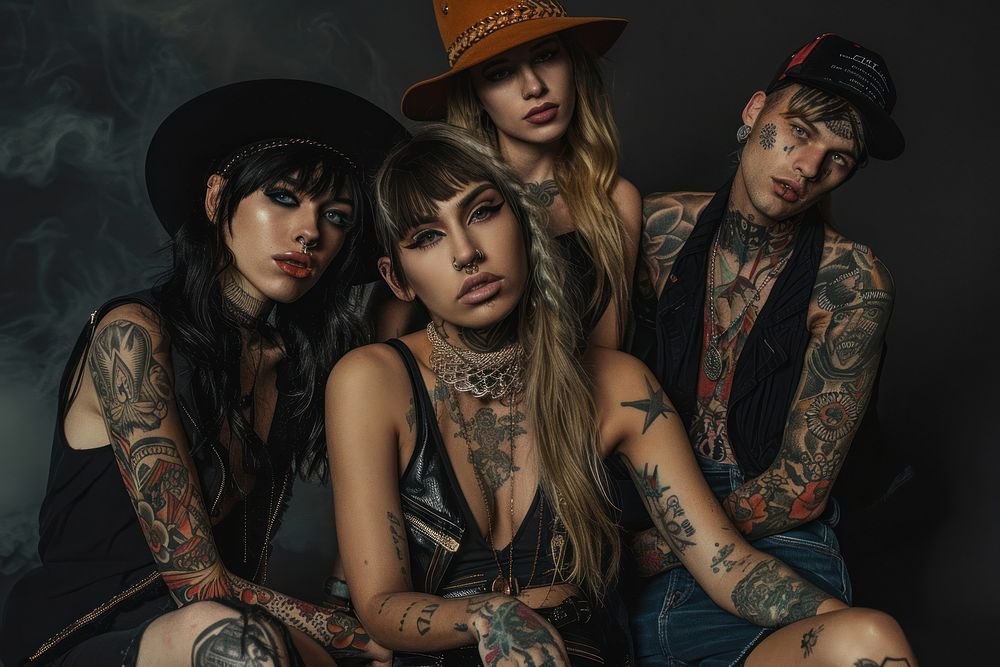 Edgy and rebellious clothing models with tattoos adult individuality.
