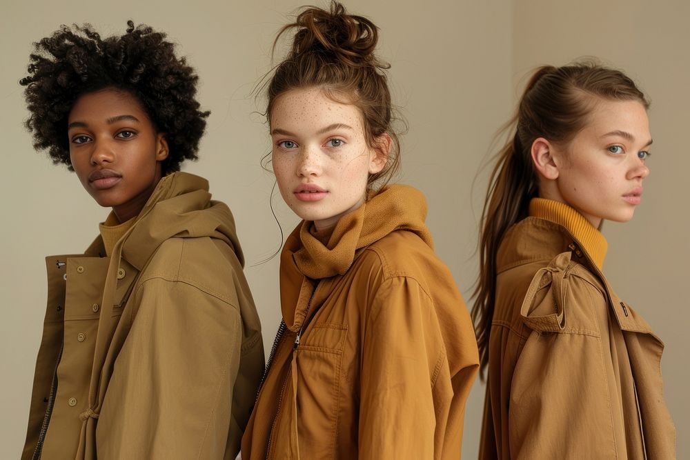 Models wearing sustainable clothing eco-friendly fashion overcoat portrait.