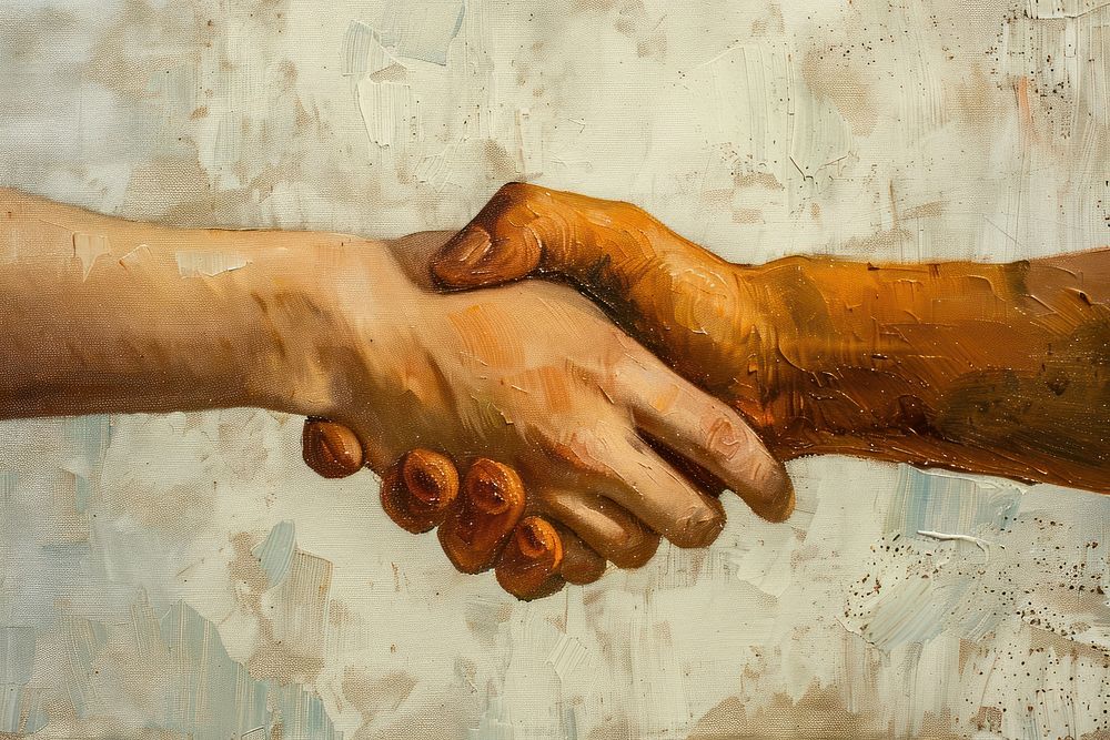 Close up on pale hand shake handshake painting agreement.