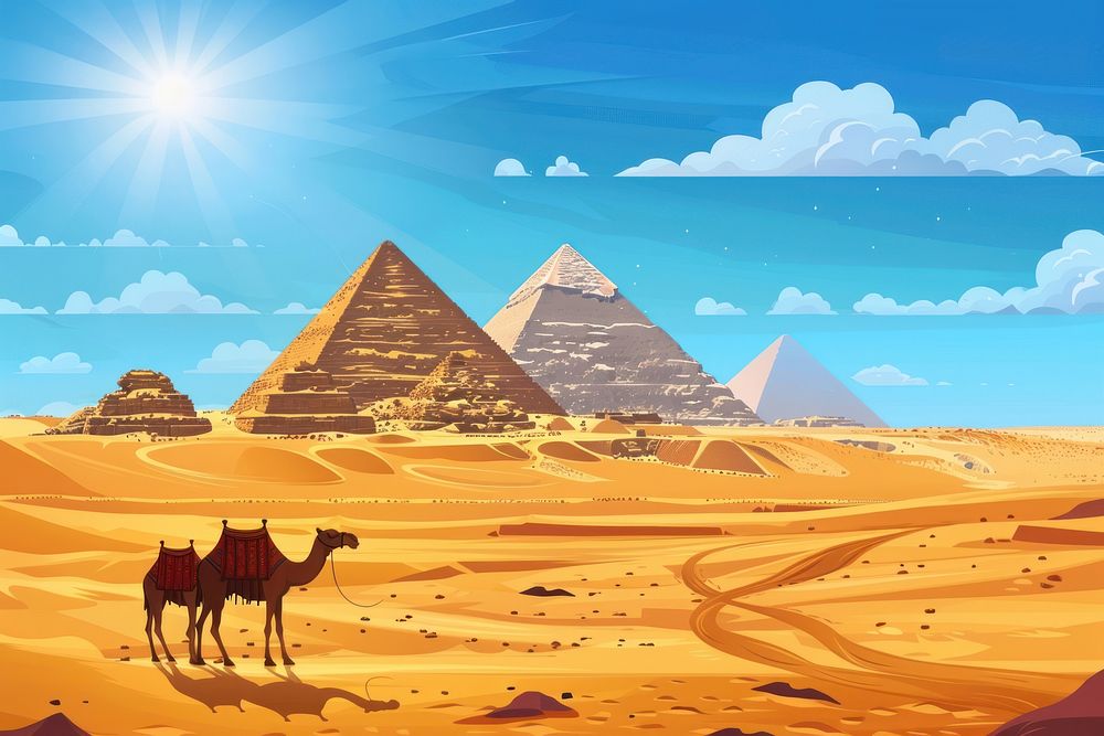 Camels near Egypt pyramids architecture landscape outdoors.