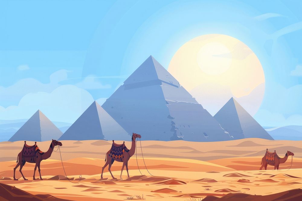 Camels near Egypt pyramids landscape desert sand.
