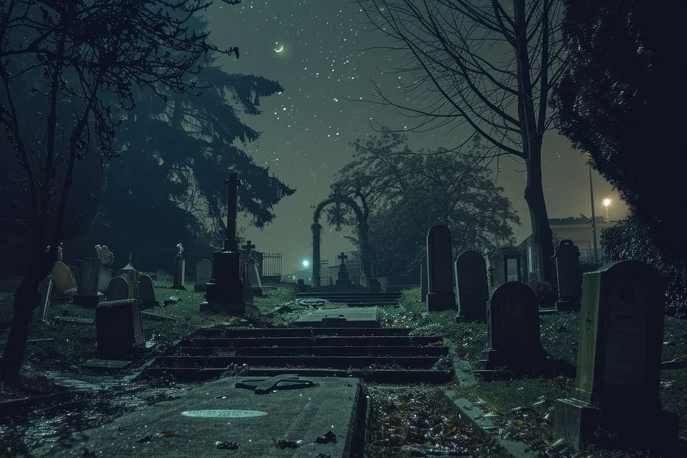 Cemetery at night electronics gravestone graveyard.