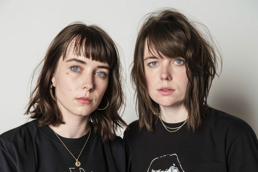 Two women posing for a t-shirt merch drop photoshoot portrait adult individuality.