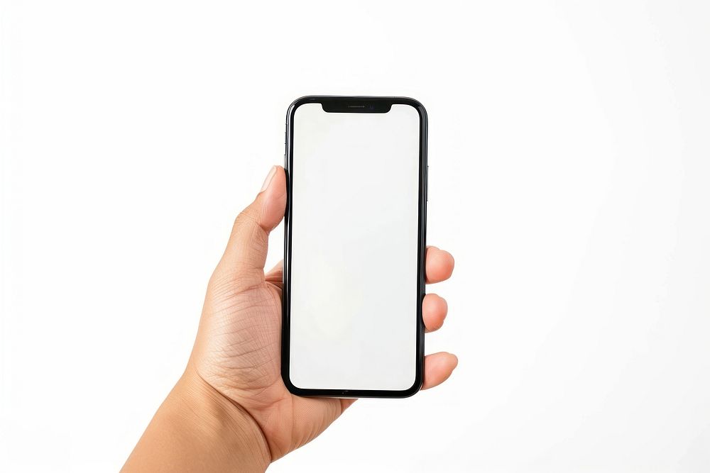 Hand holding smartphone screen white background photographing.