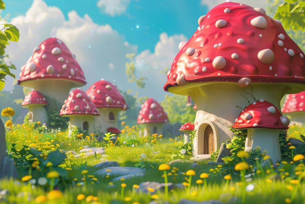 Cute Mushroom Village fantasy background mushroom outdoors nature.