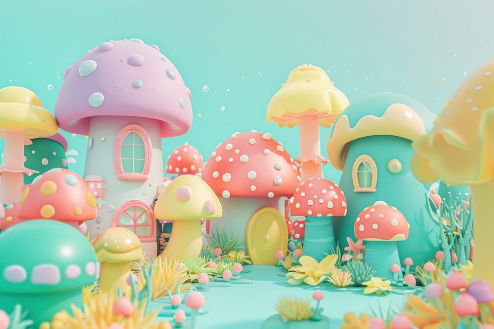 Cute Mushroom Village fantasy background mushroom cartoon food.