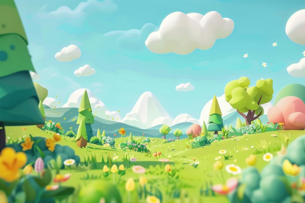 Cute meadow background landscape outdoors cartoon.