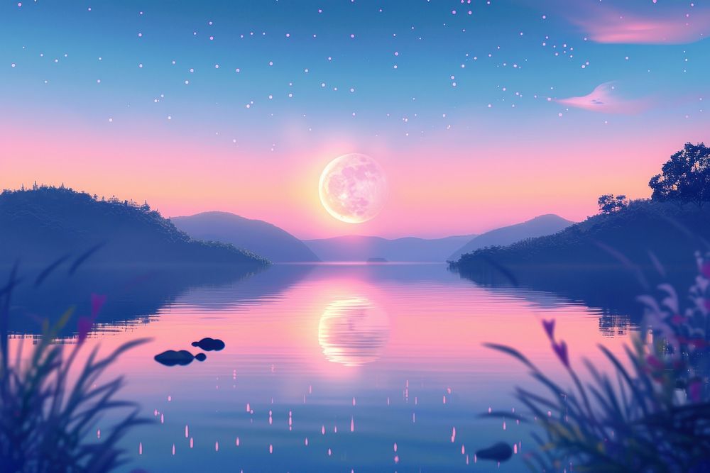 Cute moon reflecting river fantasy background landscape astronomy outdoors.