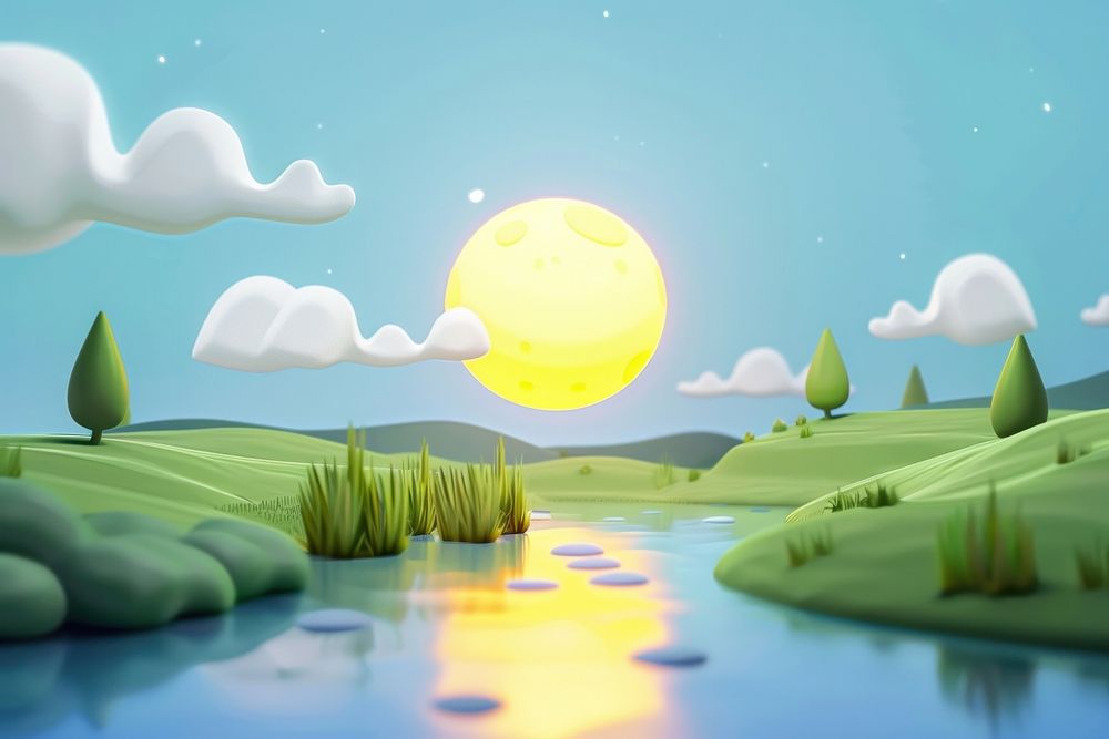 Cute moon reflecting river fantasy background landscape outdoors cartoon.