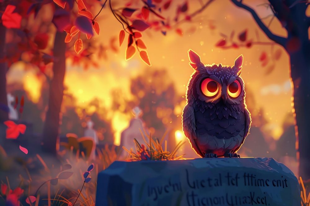 Cute owl at cemetery fantasy background cartoon animal representation.