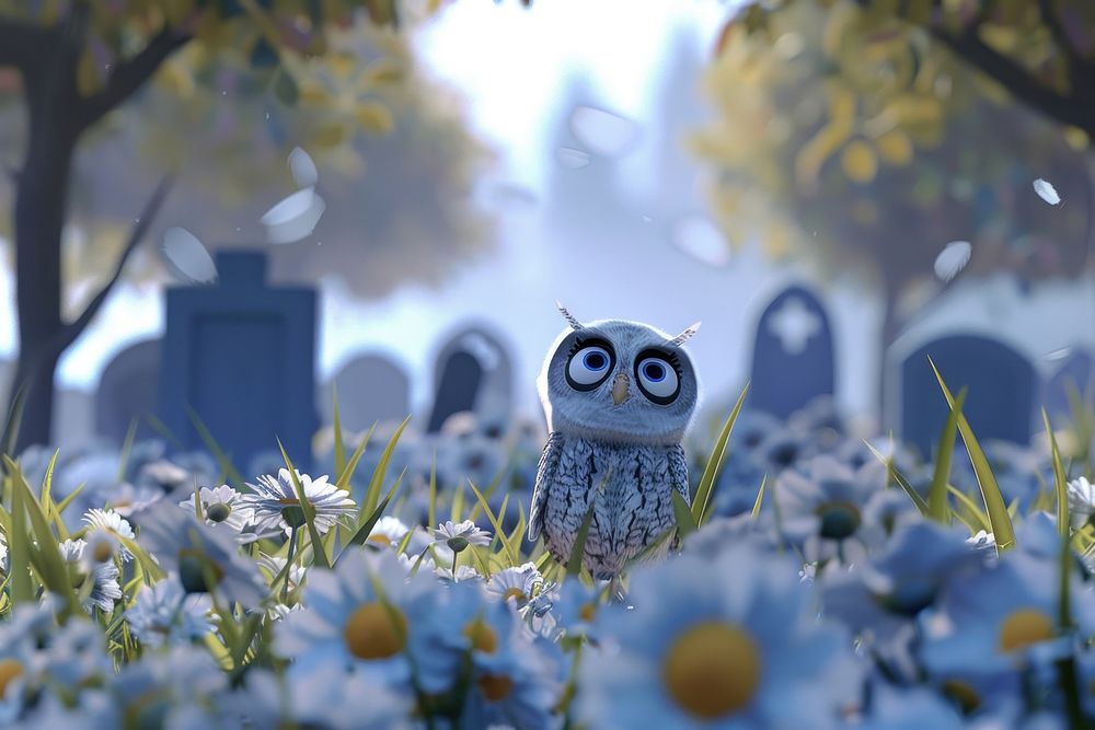 Cute owl at cemetery fantasy background outdoors cartoon nature.