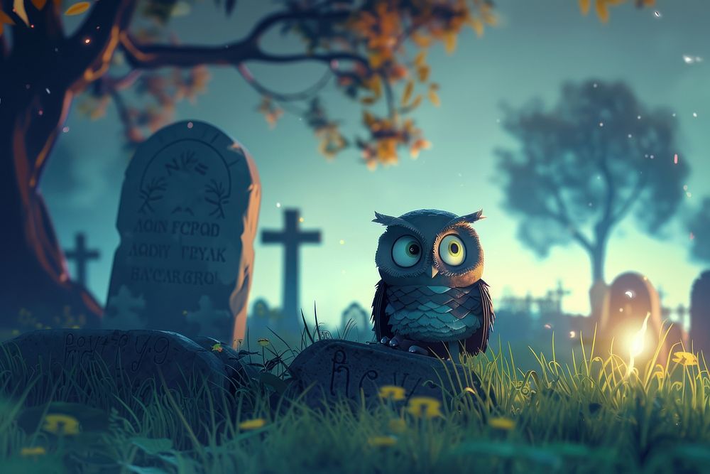 Cute owl at cemetery fantasy background outdoors cartoon anthropomorphic.