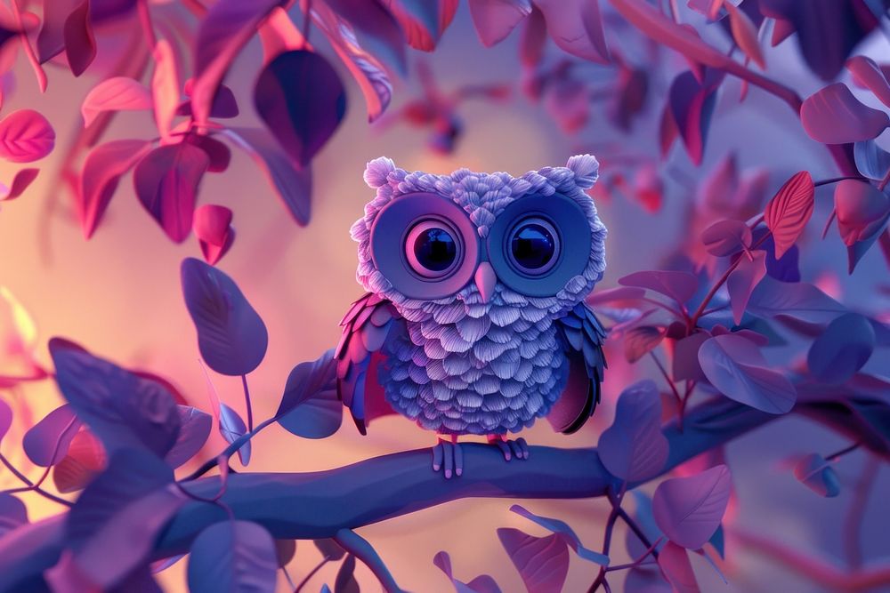 Cute owl fantasy background cartoon animal purple.