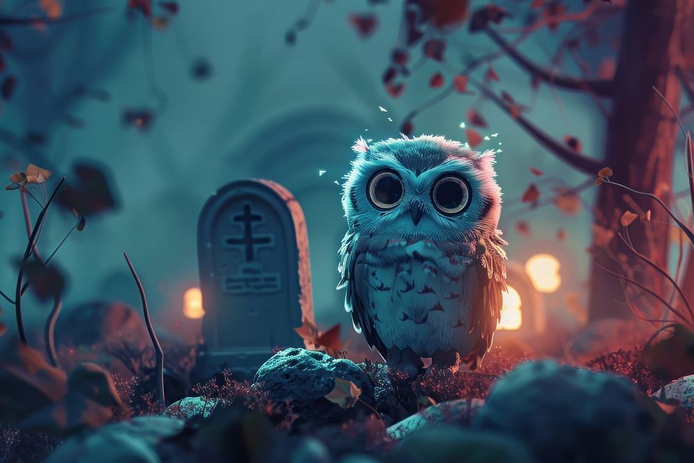 Cute owl in cemetery fantasy background cartoon anthropomorphic representation.