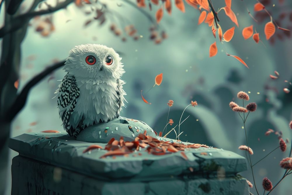 Cute owl in cemetery fantasy background outdoors cartoon animal.